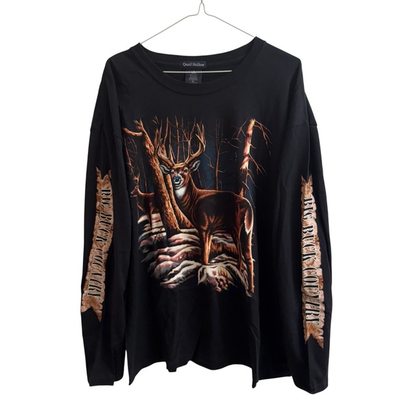 Vintage White Tail Deer Buck Long Sleeve Graphic T Shirt Black Wildlife Nature - Picture 1 of 9